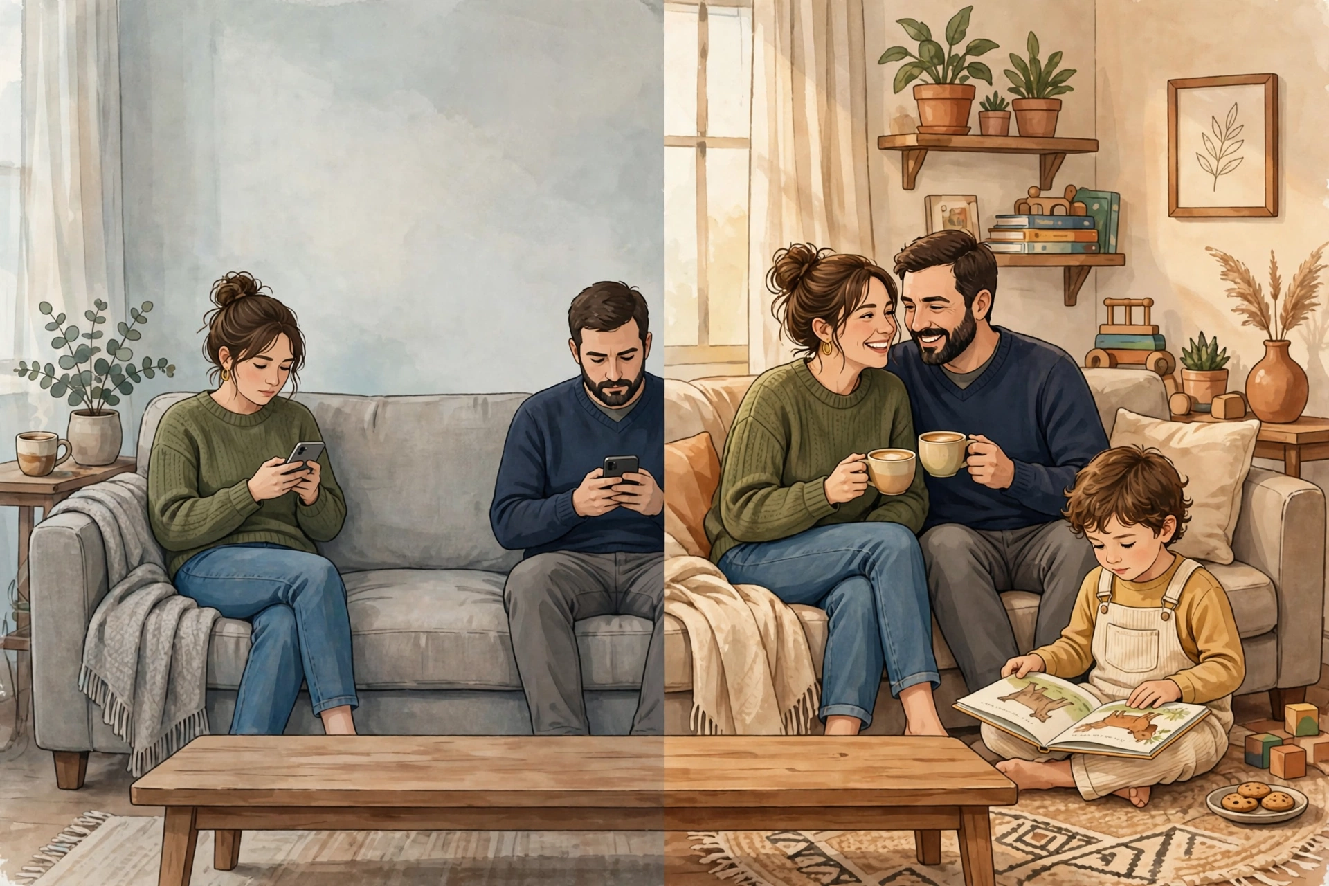 prioritizing marriage - Illustration contrasting a couple drifting apart on the couch, each on a phone, with the same couple reconnecting warmly over coffee