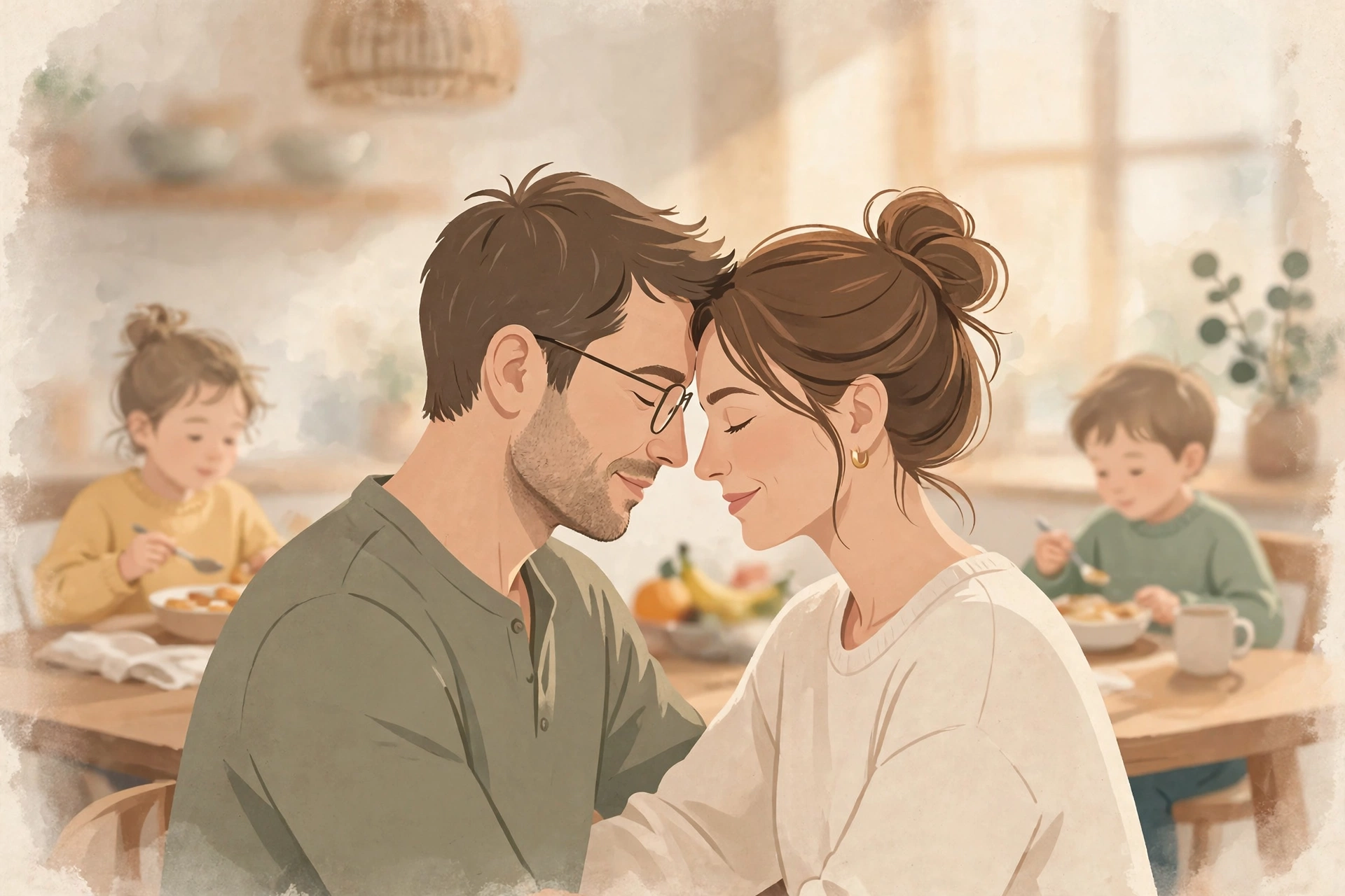 prioritizing marriage - Illustration of a couple sharing a tender forehead-to-forehead moment in a sunny kitchen while their children eat breakfast nearby