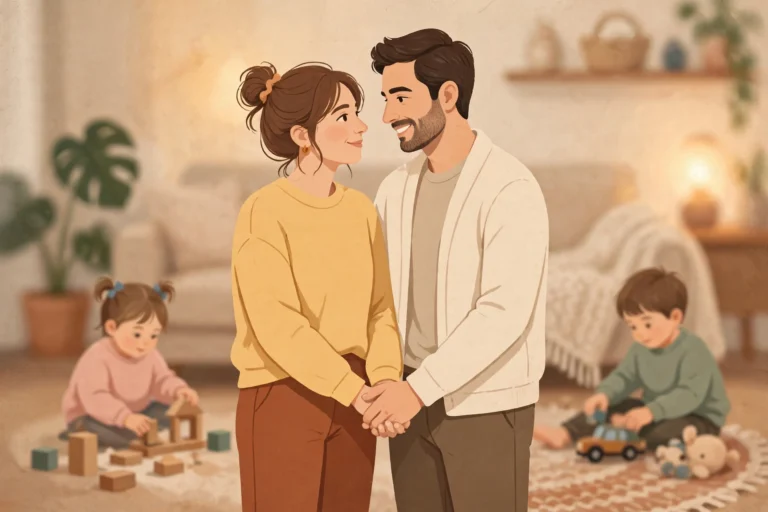 Couple holding hands at the center of a warm family scene, symbolizing prioritizing marriage