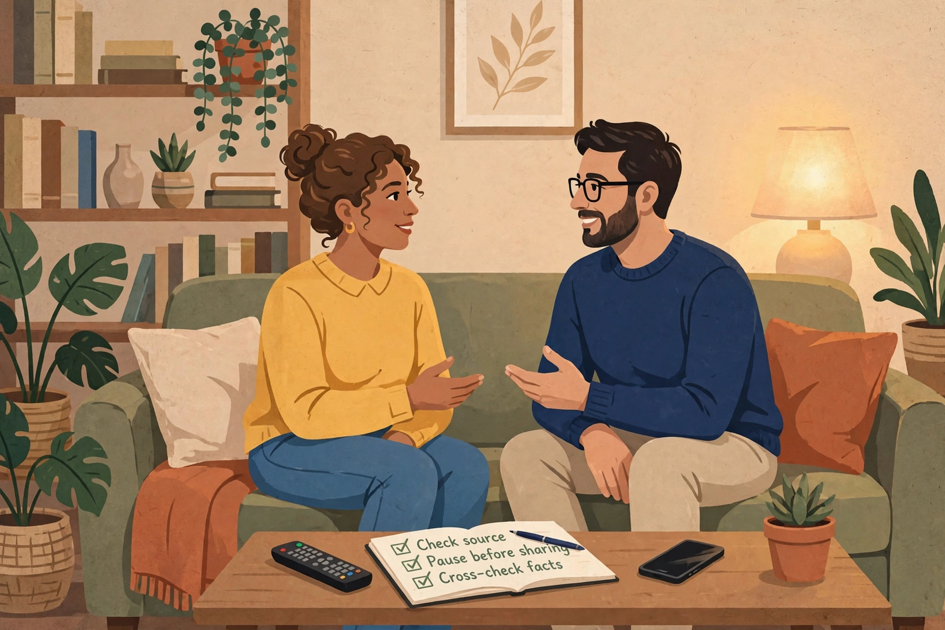 media representation - Illustration of a couple having a calm face-to-face conversation with a phone set aside, practicing media literacy in their partnership