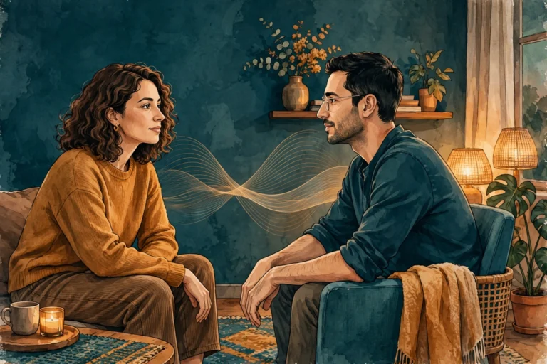 Editorial illustration of two partners in calm conversation, symbolizing active listening vs defensive communication