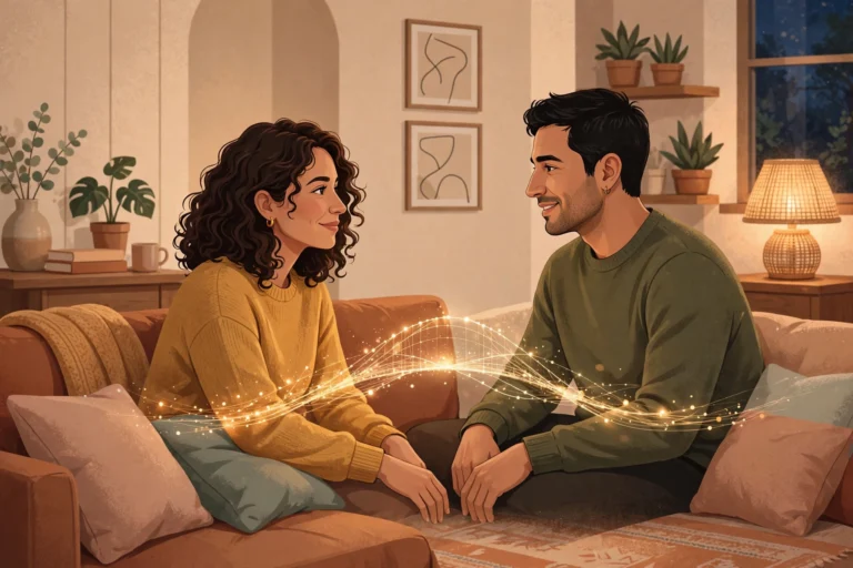 Warm editorial illustration of a couple bridging their intimacy gap — a sex therapist's visual metaphor for couples working through mismatched sex drives