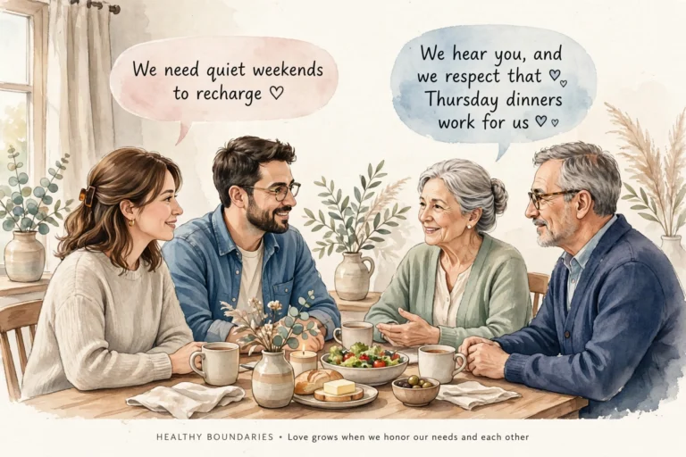 Illustration of a couple mother in law during a calm family discussion at a dining table
