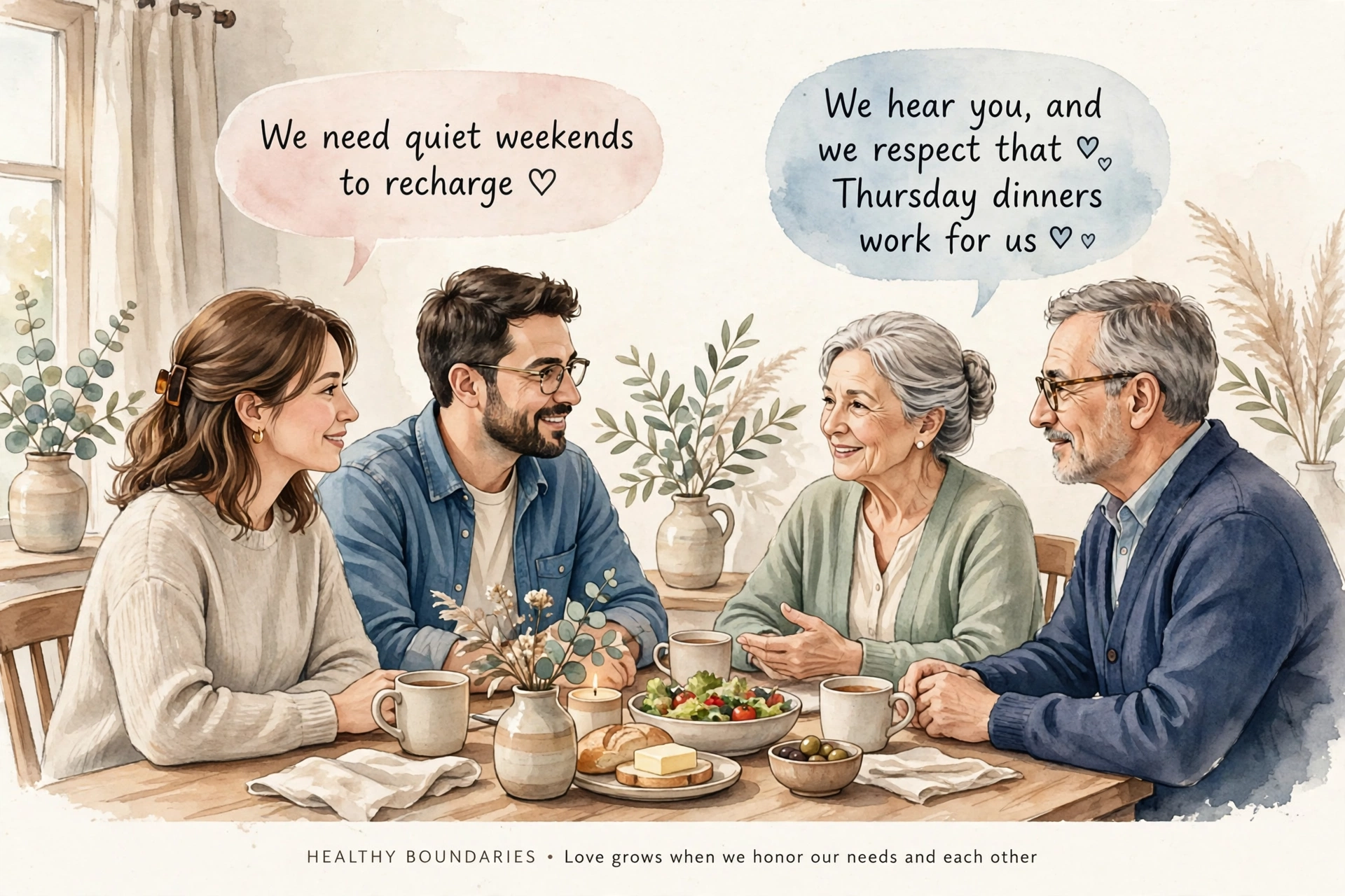 Illustration of a couple mother in law during a calm family discussion at a dining table