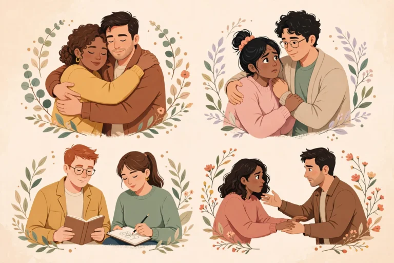 Warm editorial illustration showing the four attachment styles in relationships, with pairs of figures expressing secure, anxious, avoidant, and disorganized patterns.