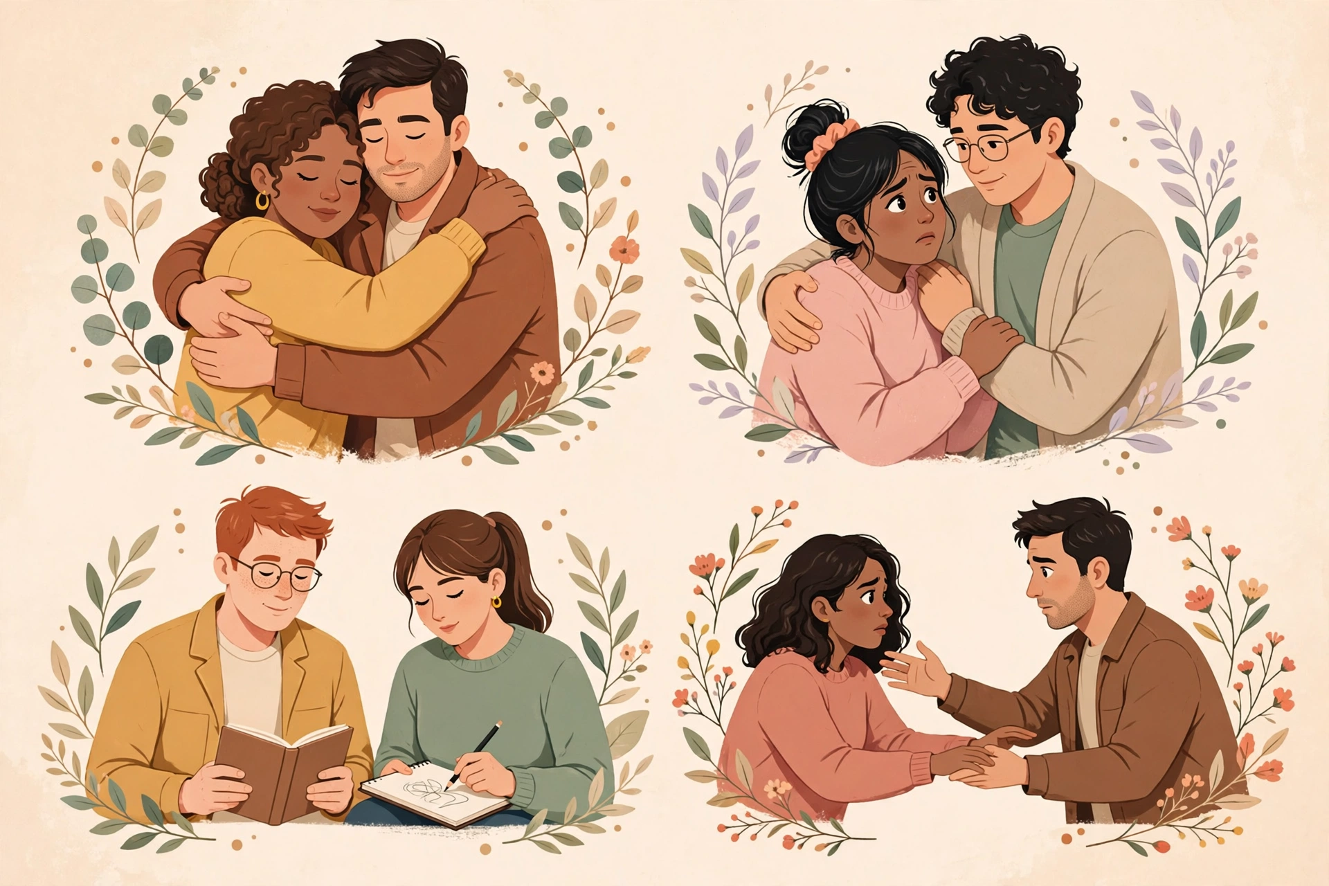 Warm editorial illustration showing the four attachment styles in relationships, with pairs of figures expressing secure, anxious, avoidant, and disorganized patterns