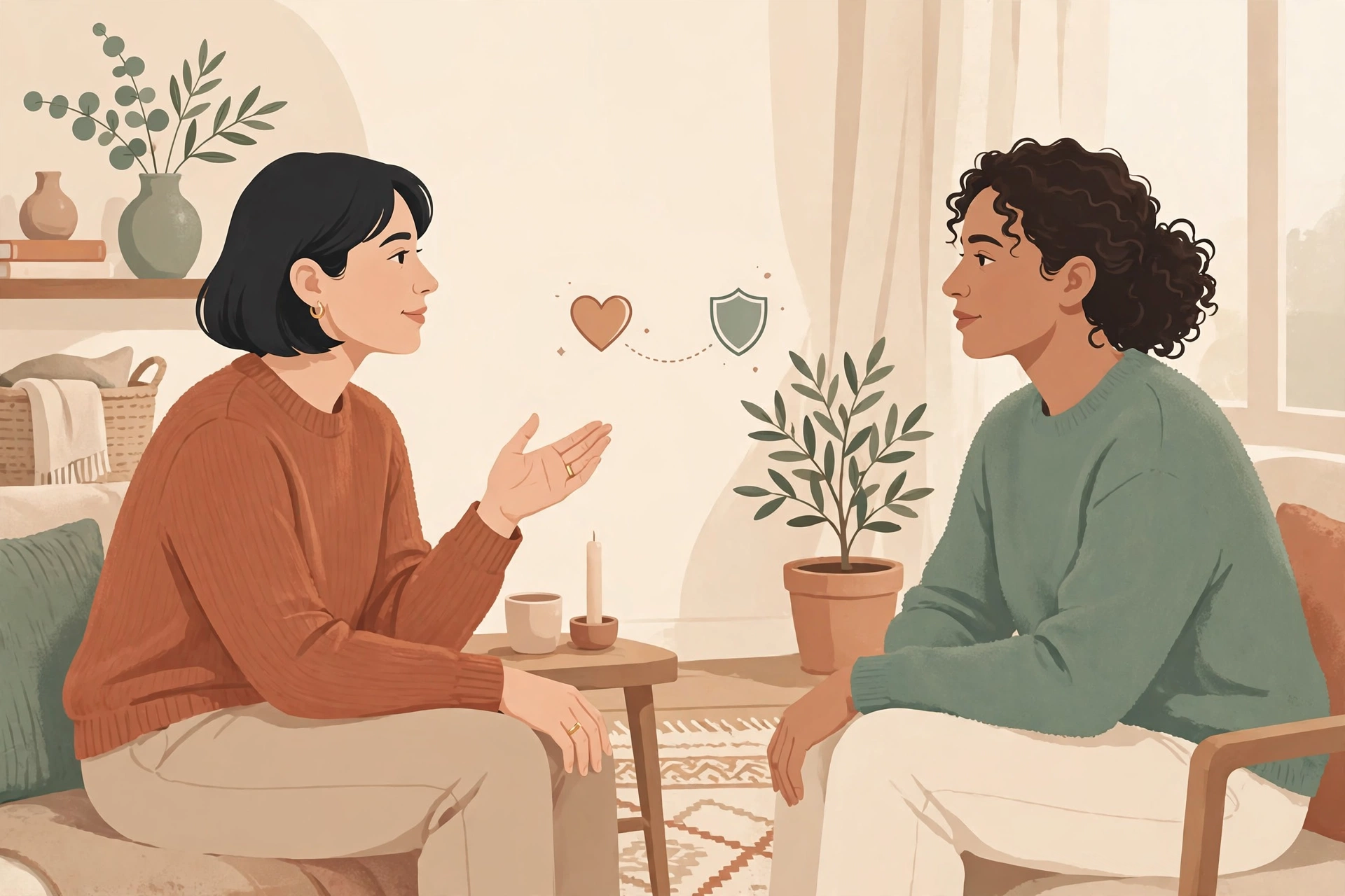 Illustration of a calm couple talking with a heart and shield motif symbolizing respectful communication boundaries