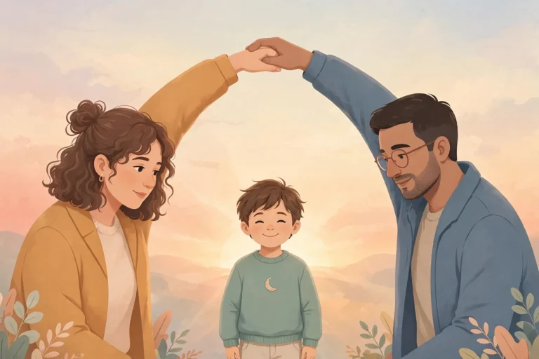 Editorial illustration of two co-parents joining hands in a protective arch over a smiling child at sunrise, symbolizing keeping kids first while co-parenting under stress