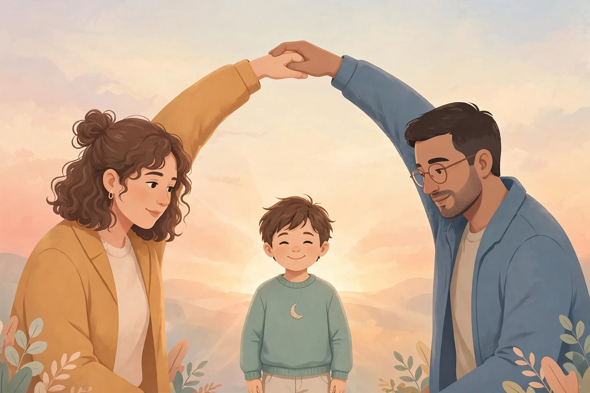 Editorial illustration of two co-parents joining hands in a protective arch over a smiling child at sunrise, symbolizing keeping kids first while co-parenting under stress