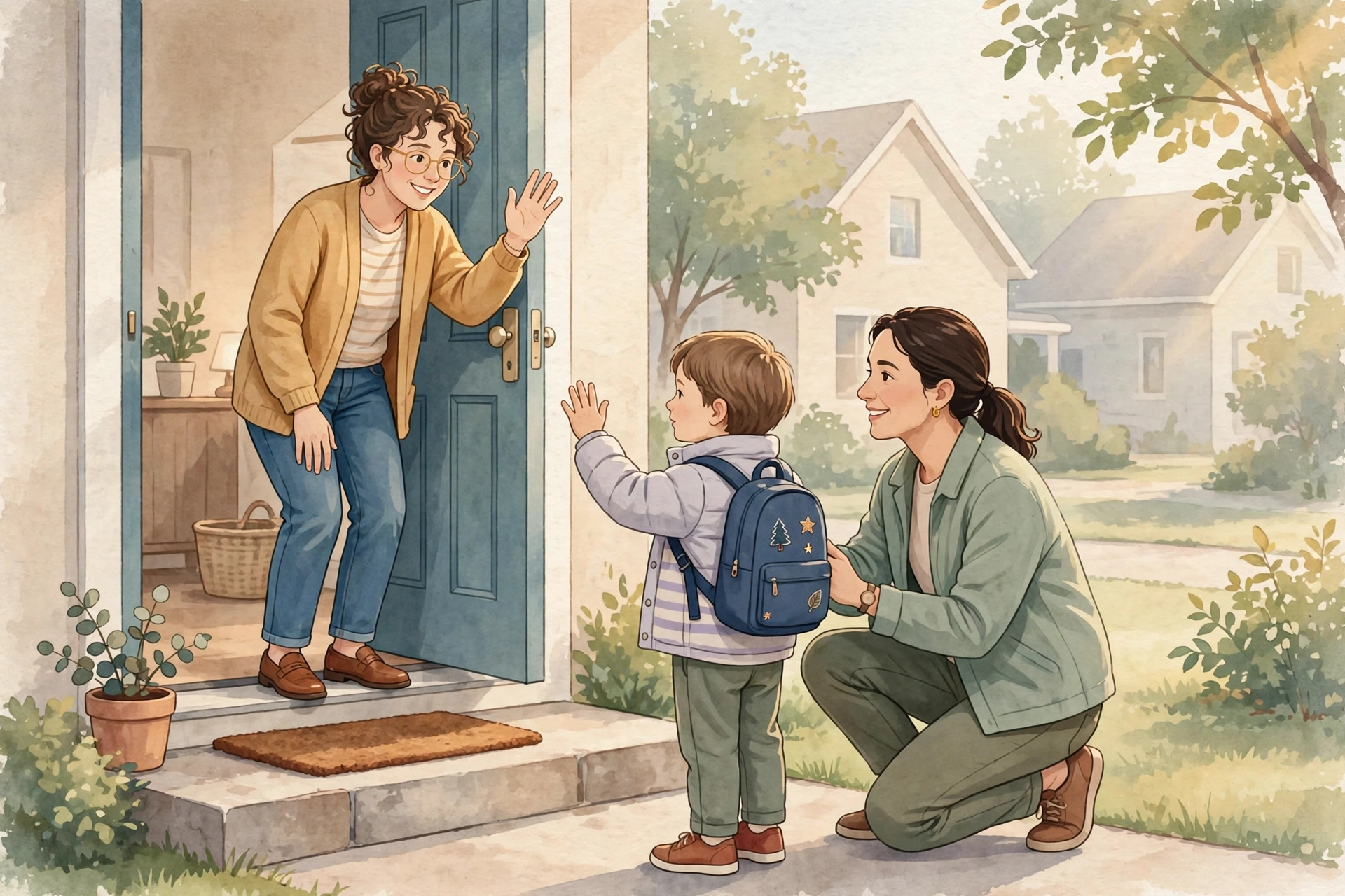 Watercolor-style illustration of a calm co-parenting handoff at a front door, with a child waving goodbye to one parent while the other kneels beside them