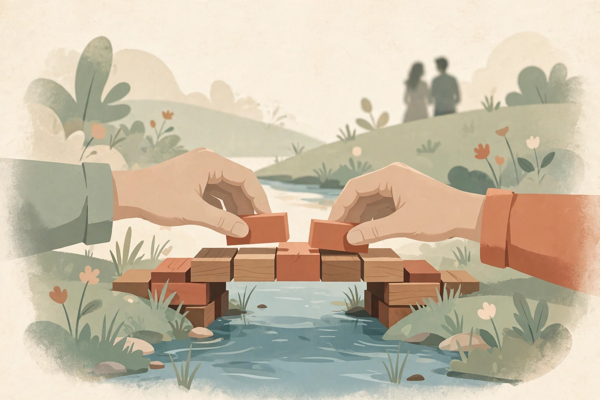 Illustration of two hands rebuilding a wooden bridge, symbolizing how couples can repair a crossed boundary in marriage