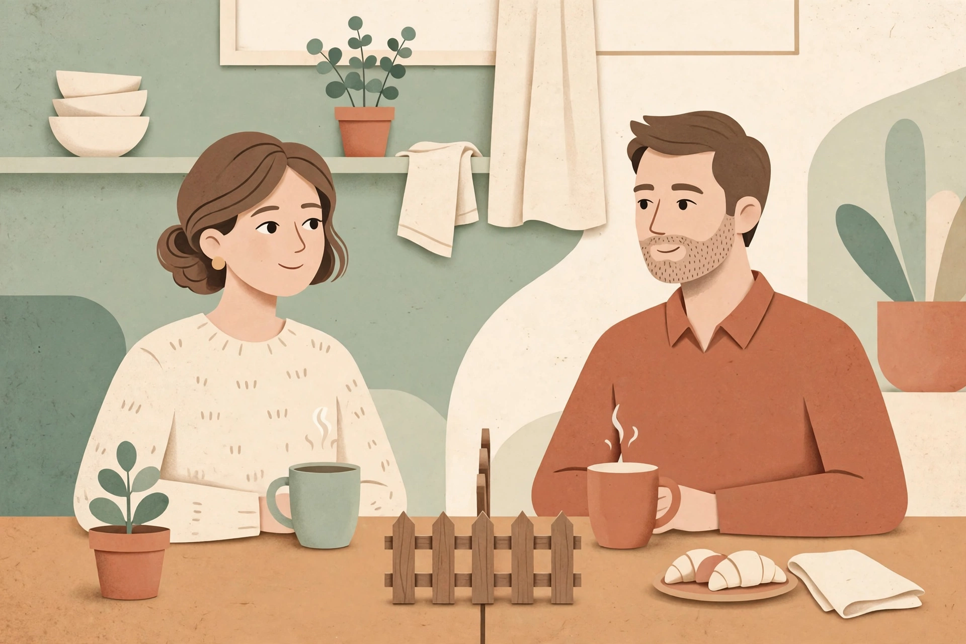 Editorial illustration of a married couple at a kitchen table with a small wooden fence symbolizing healthy boundaries in marriage