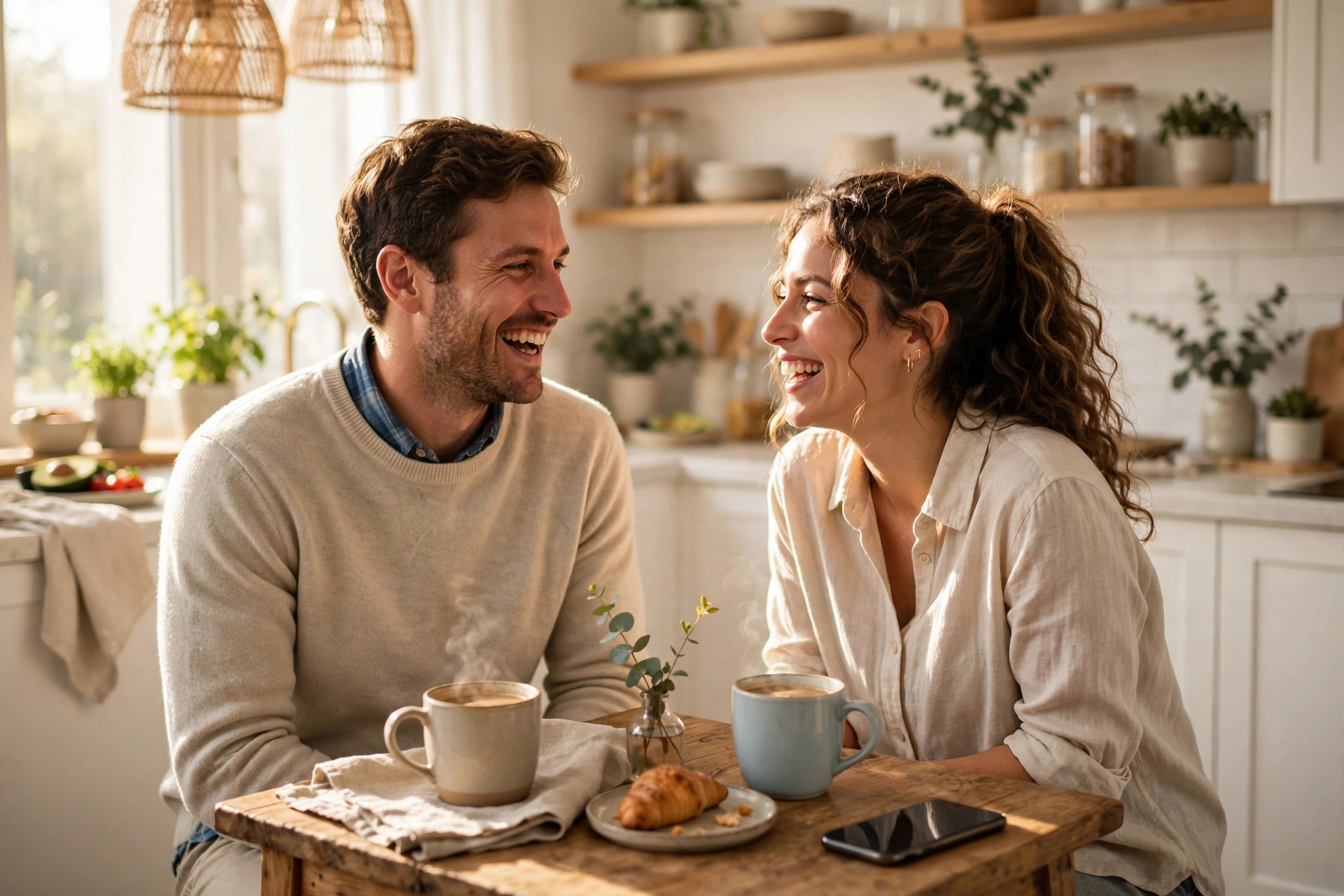Couple laughing together over morning coffee as part of their morning rituals for couples, with a smartphone placed face-down