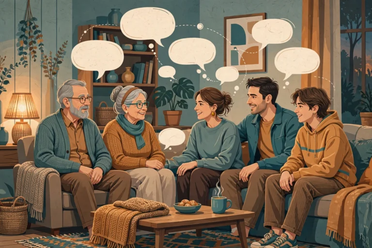 Editorial illustration of grandparents, parents, and a teenager talking on a couch with speech bubbles overhead, showing a family bridging the intergenerational communication gap family conversations often reveal