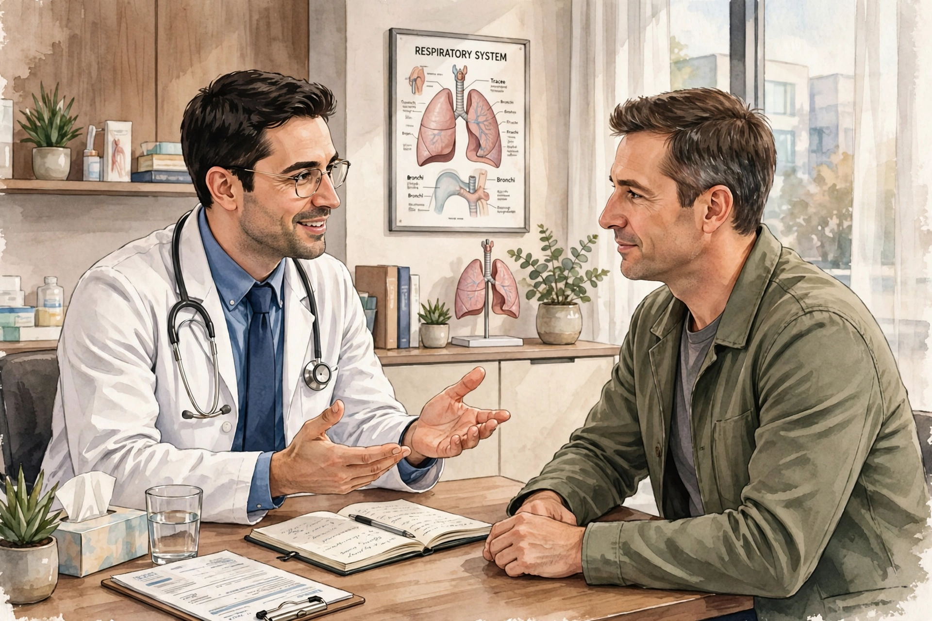 Illustration of a doctor kindly explaining a treatment plan to a male patient during a consultation in a modern clinic office