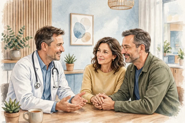 Doctor counseling a couple about sex after stroke recovery in a bright clinic office