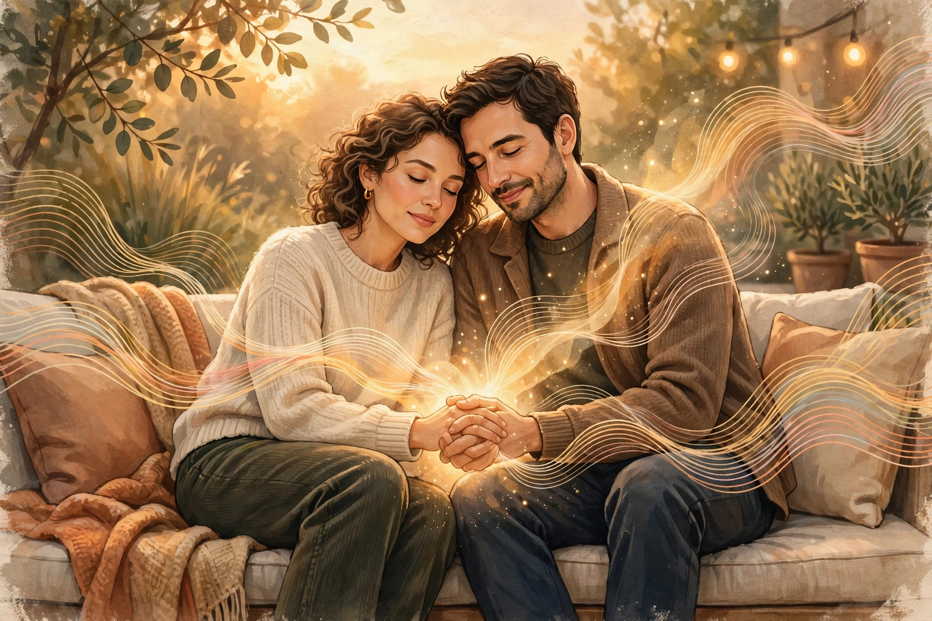 Couple sitting close on a couch holding hands at golden hour with a warm glow between them, representing oxytocin-driven bonding and affection