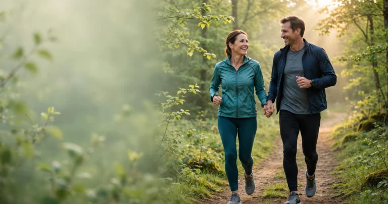 Couple jogging together on a morning trail as part of a healthy lifestyle that supports libido
