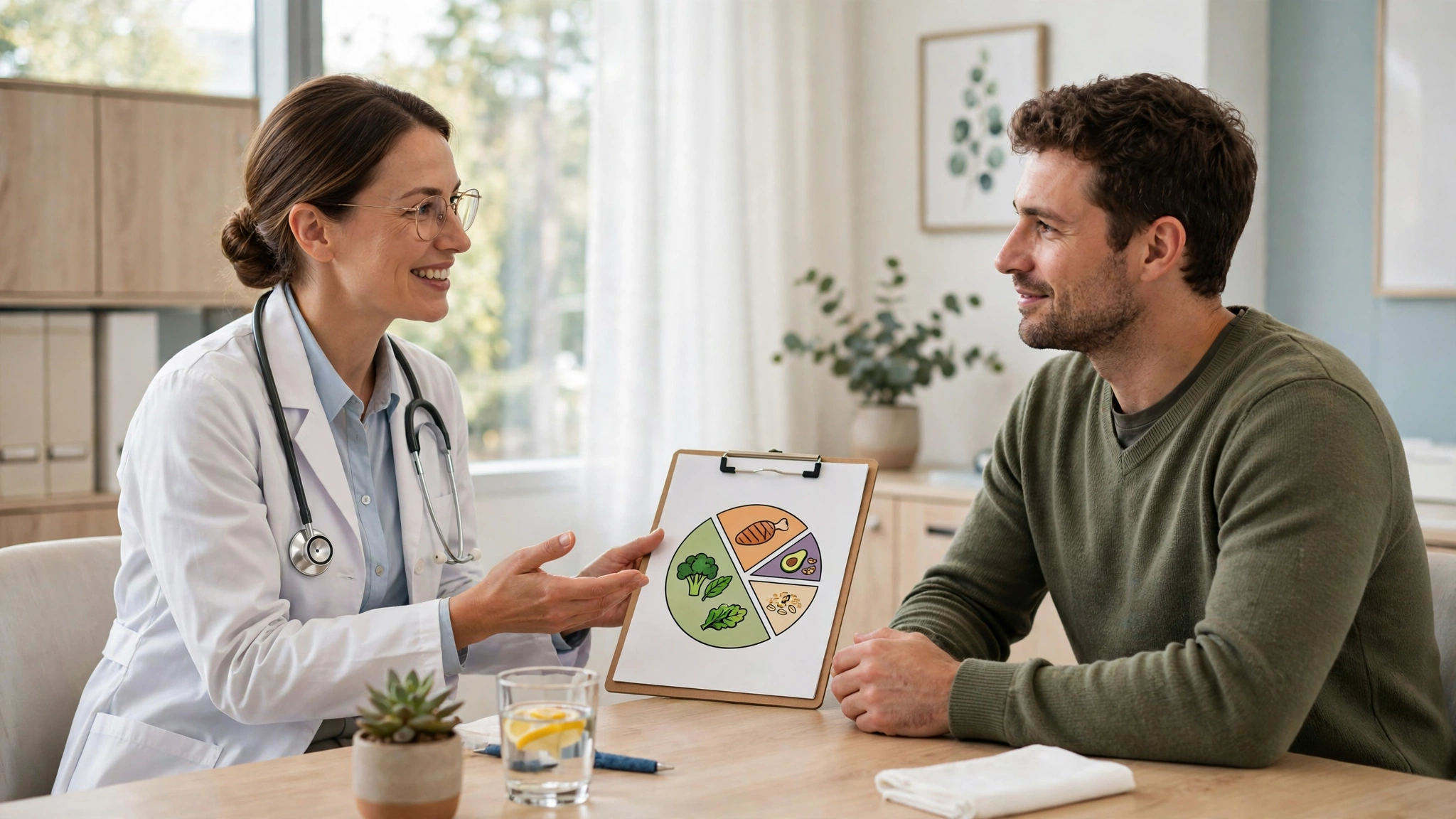 Doctor discussing a healthy weight-loss plan to improve weight loss and sex drive with a patient in a clinic office