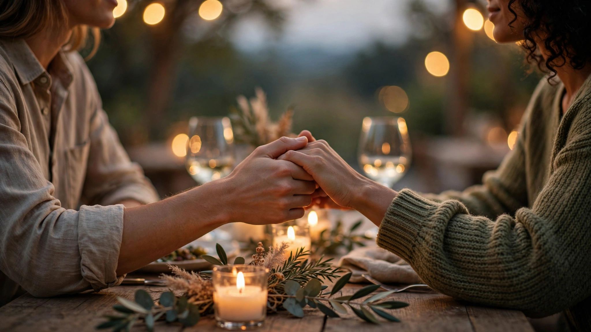 Couple holding hands across a candlelit dinner table in a warm romantic ambience