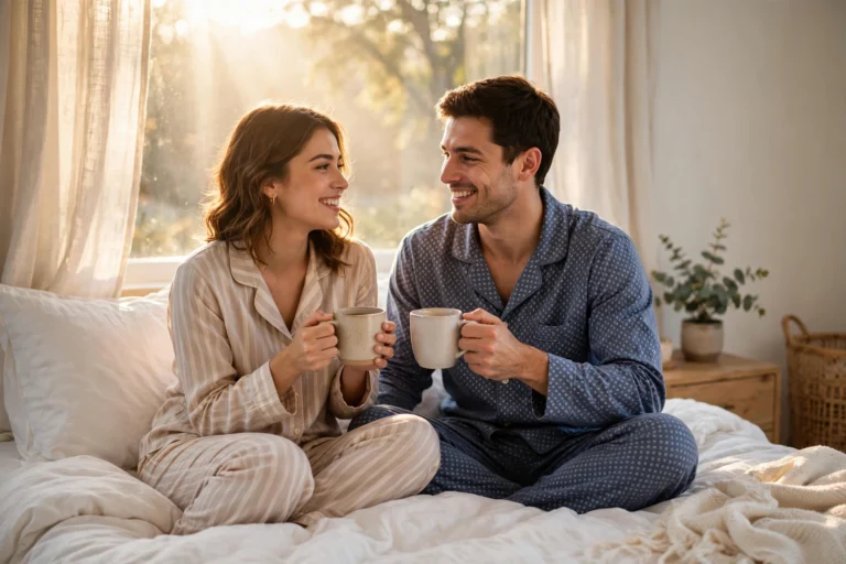 Couple in pajamas sharing coffee together in a sunlit bed as part of their morning intimacy routine for couples