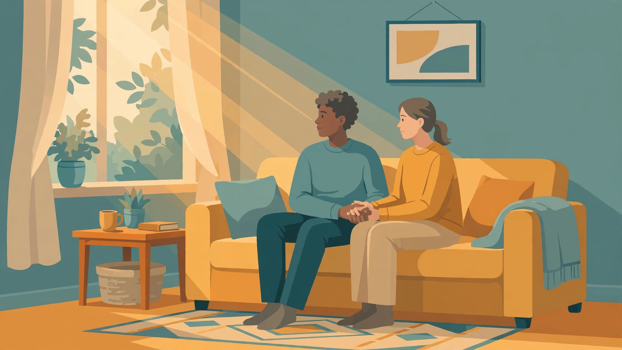 Supportive couple holding hands and talking about painful sex