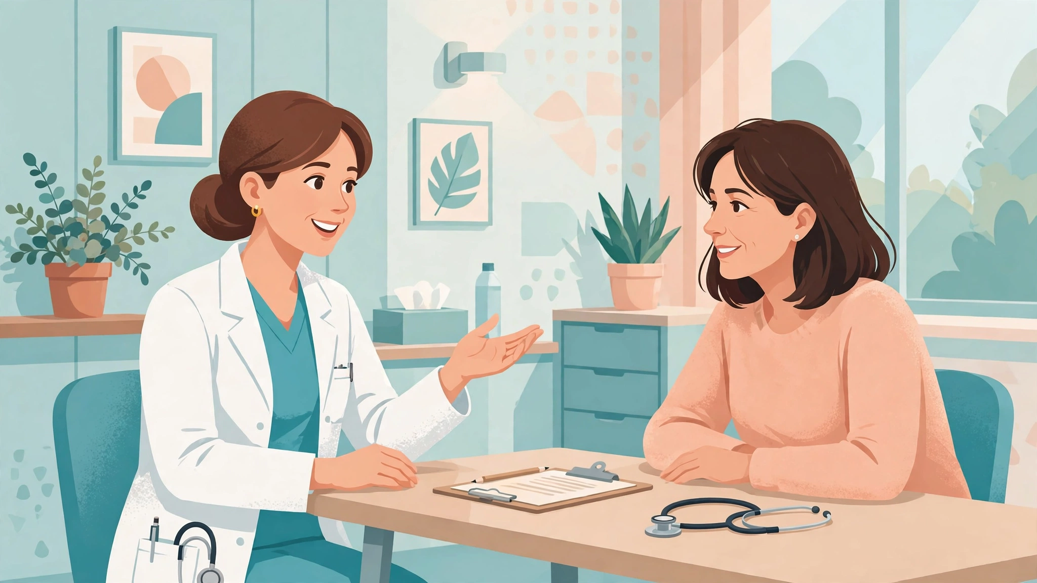 Female doctor discussing menopause symptoms with a patient in a clinic