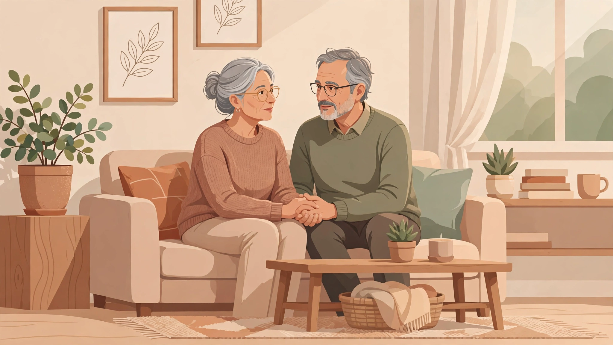 Mature couple talking supportively at home about painful intercourse after menopause
