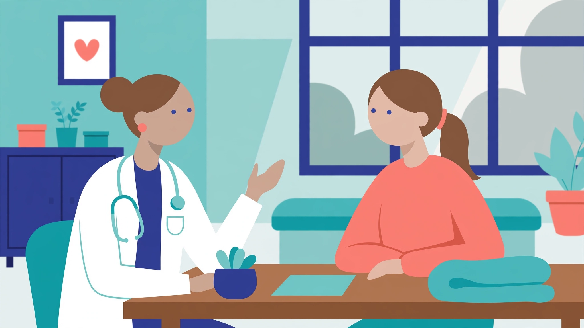 Flat vector illustration of a doctor consulting a female patient about intimate health concerns