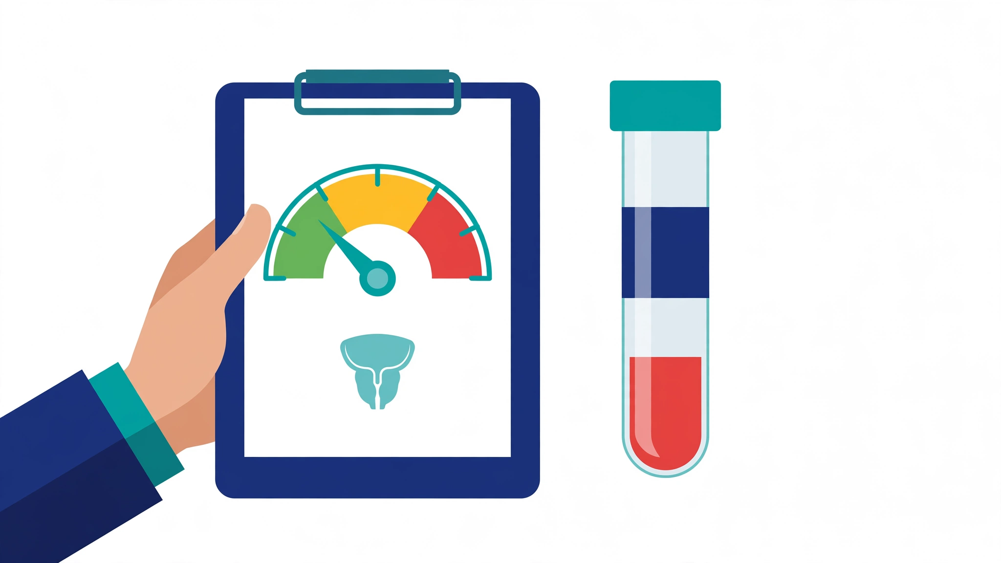 PSA test explained: doctor reviewing prostate test results on a color-coded gauge