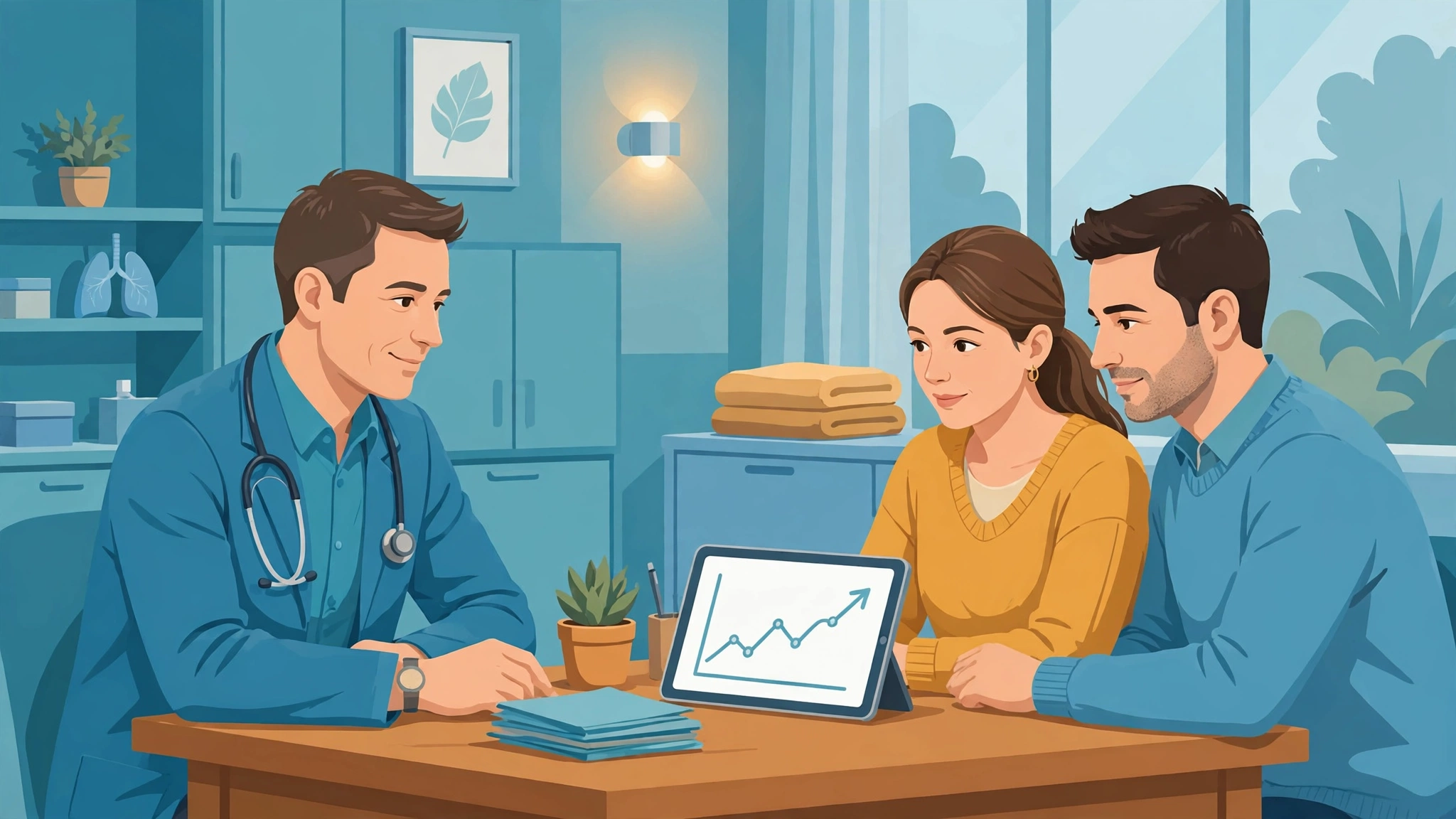 PSA test explained: couple discussing PSA results with their doctor in a clinic